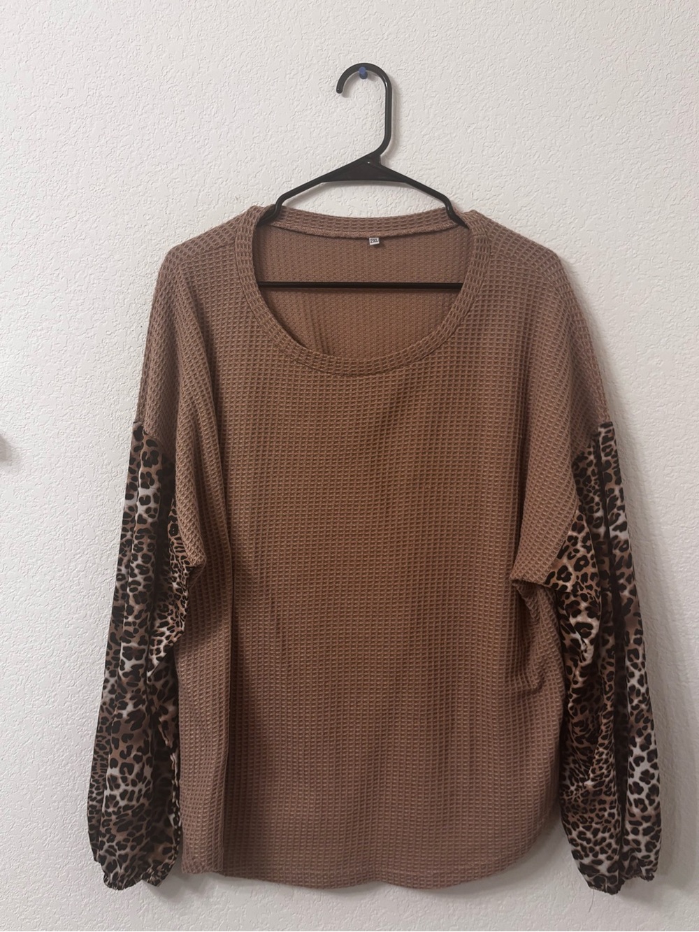 Women’s Waffle Knit Pullover with Leopard Print Sleeves - Brown
